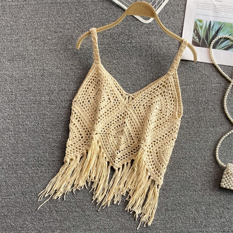 Camisoles Tanks Retro bohemian ethnic style crop tops sexy hollow knitted tassel spaghetti strap tanke top off shoulder sleeveless camisole ins 230518