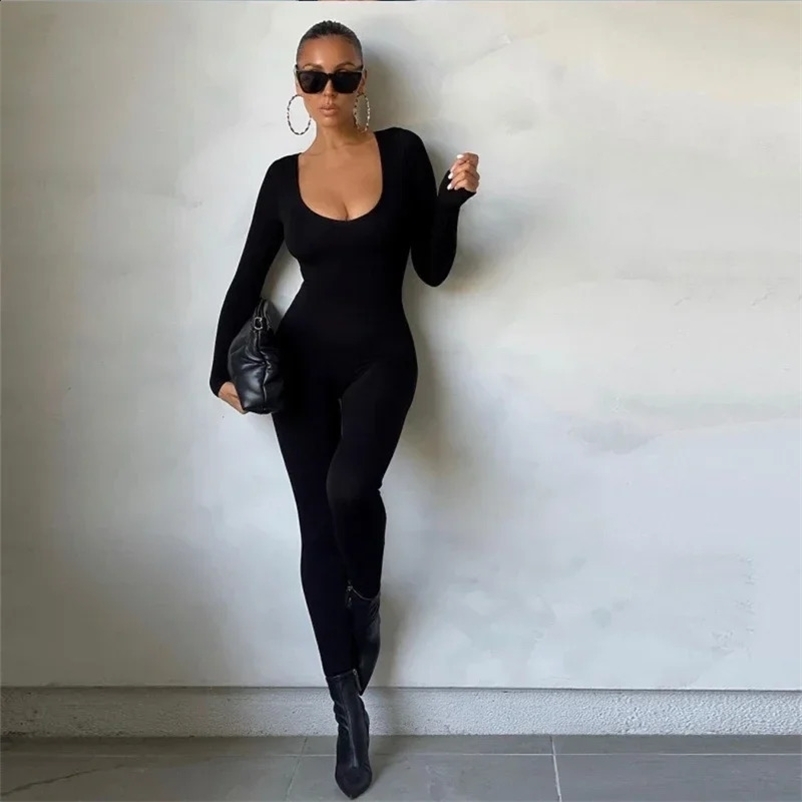 Sexy Jumpsuits Women Autumn Solid Long Sleeve Bodycon Black Rompers Fashion Sports Streetwear Casual Skinny Overall Female 250225