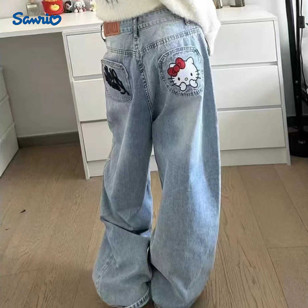 Sanrio Y2K Hello Kitty Girls Jeans Cotton Wide Leg Pants Sanrioed Cartoon Kt Women Straight Leg Trousers Cute Retro High Waisted Jeans L250925