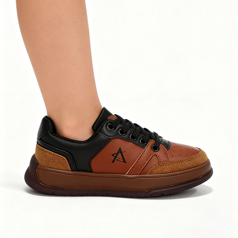 Casual Shoes Kids' Retro - Style Color - Block Casual Sneakers - Brown & Black Suede & Leather Mix, Lace - Up Design