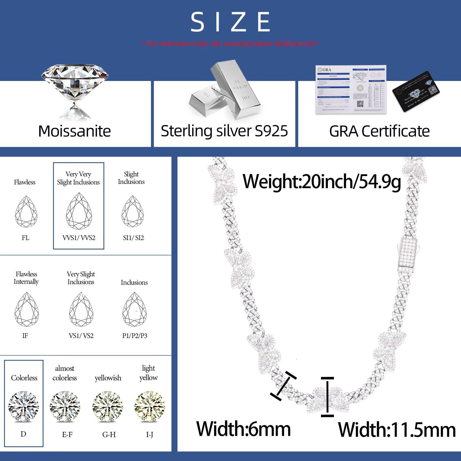 Hip Hop Baguette Butterfly Necklace 11mm 925 Silver VVS Moissanite Diamond Women Jewelry Iced Out Fashion Cuban Link Chain