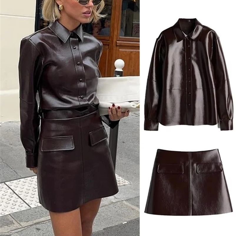 Fashion Leather Mini Skirt Sets Women Y2K Long Sleeve Bike Jacket Hip Package Short Skirt Suits Female Street Motorcycle Outfits 250225