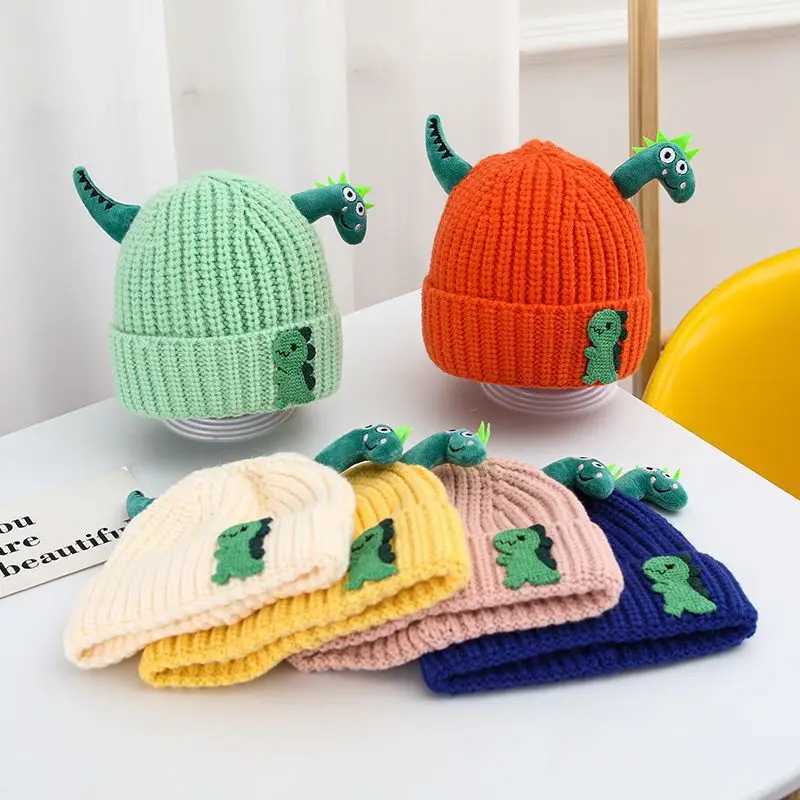 Cute Dinosaur Baby Knitted Hat Winter Warm Children Beanies Thicken Woolen Kids Crochet Bonnet 15 Years Boys Girls Pullover Cap L2509251MXI
