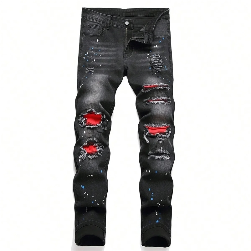 Men y2k Stretchy Skinny Denim Jeans For Men Casual Pants Ripped Patchwork Hole Slim Fit Denim Hip Hop Black Straight Trousers 250118