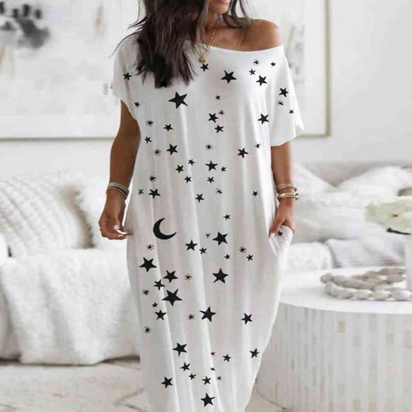 Women Summer Elegant Short Sleeve Stars Print Casual Dress 210415