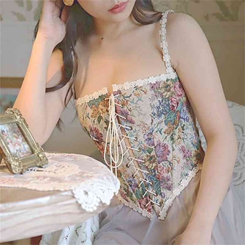 Floral Beach Party Sexy Bustiers Crop Women Backless Bandage French Vintage Halter Top Korean Boho Lace with Corset Summer 210625