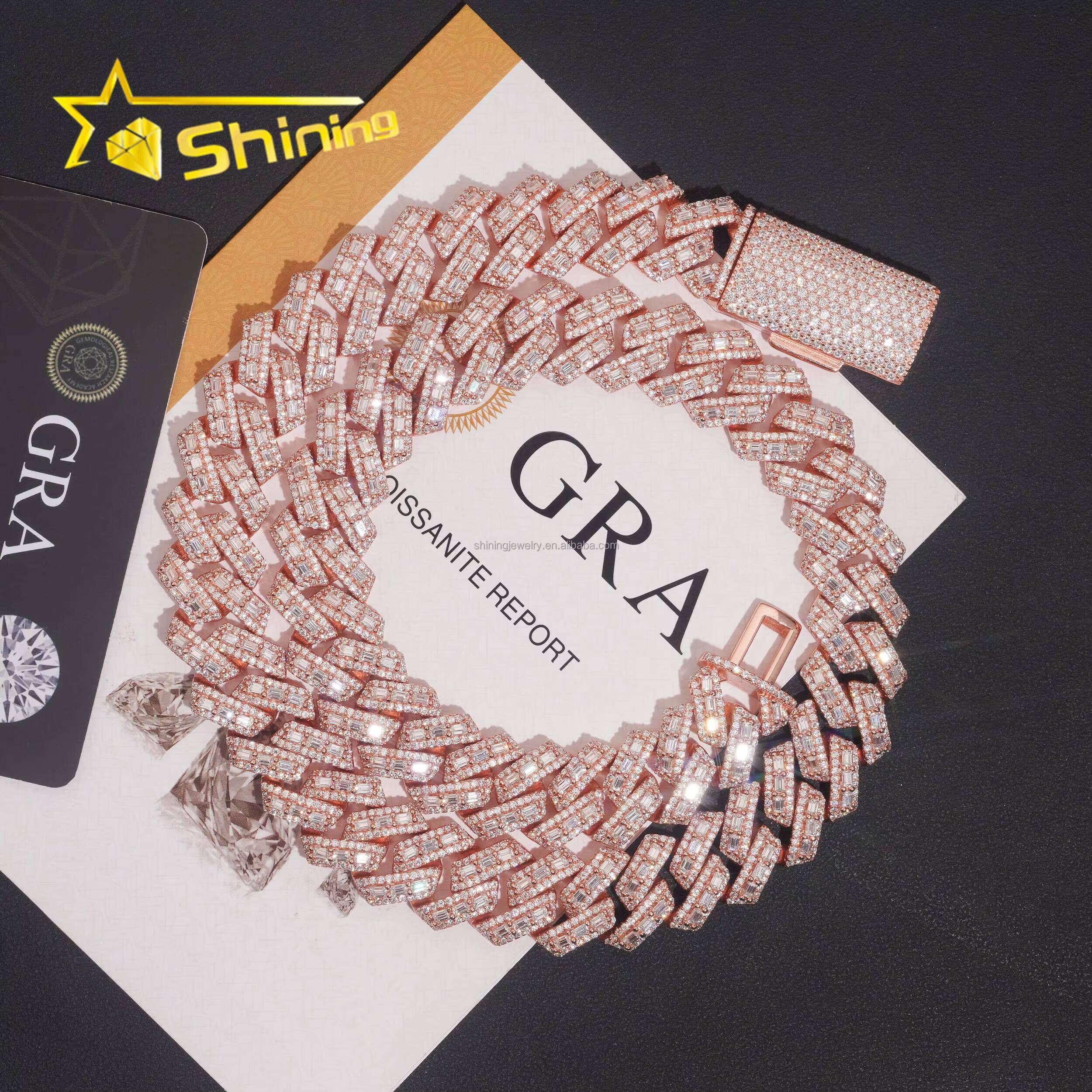 Customized Trendized 16mm Width 3Rows Prong Setting Luxury GRA Certificate S925 Iced Out VVS Baguette Moissanite Miami Cuban Link Chain
