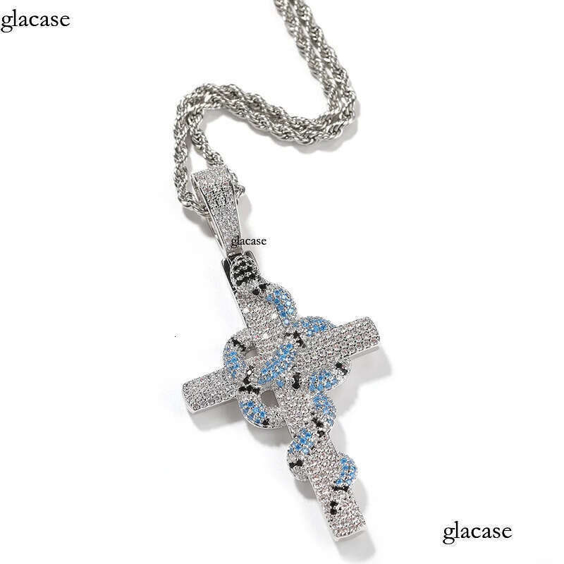 Hip Hop Colorful Snake Cross Pendant Necklace TopBling Full Cubic Zirconia Religious Jewelry