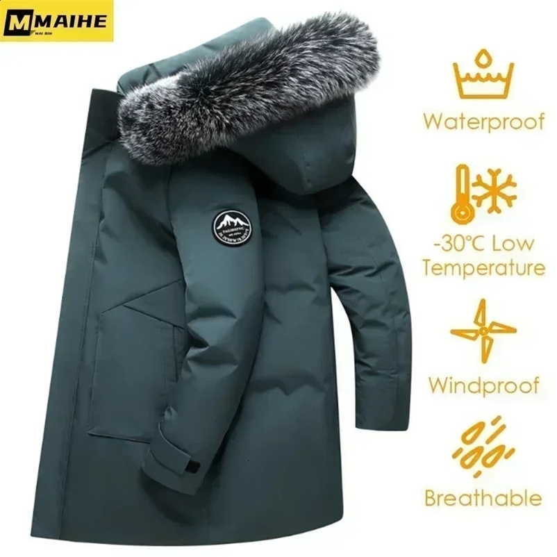 Winter Long Down Jacket For Mens Casual Fur Collar Hooded White Duck Down Warm Coat For Mens Clothing Winter Jacket 240911