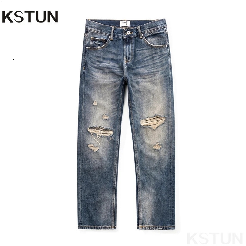Hip hop jeans mens ripped jeans mens pants retro blue Distressed Straight Fit Hollow Holes Frayed Male Denim Trouser 241203