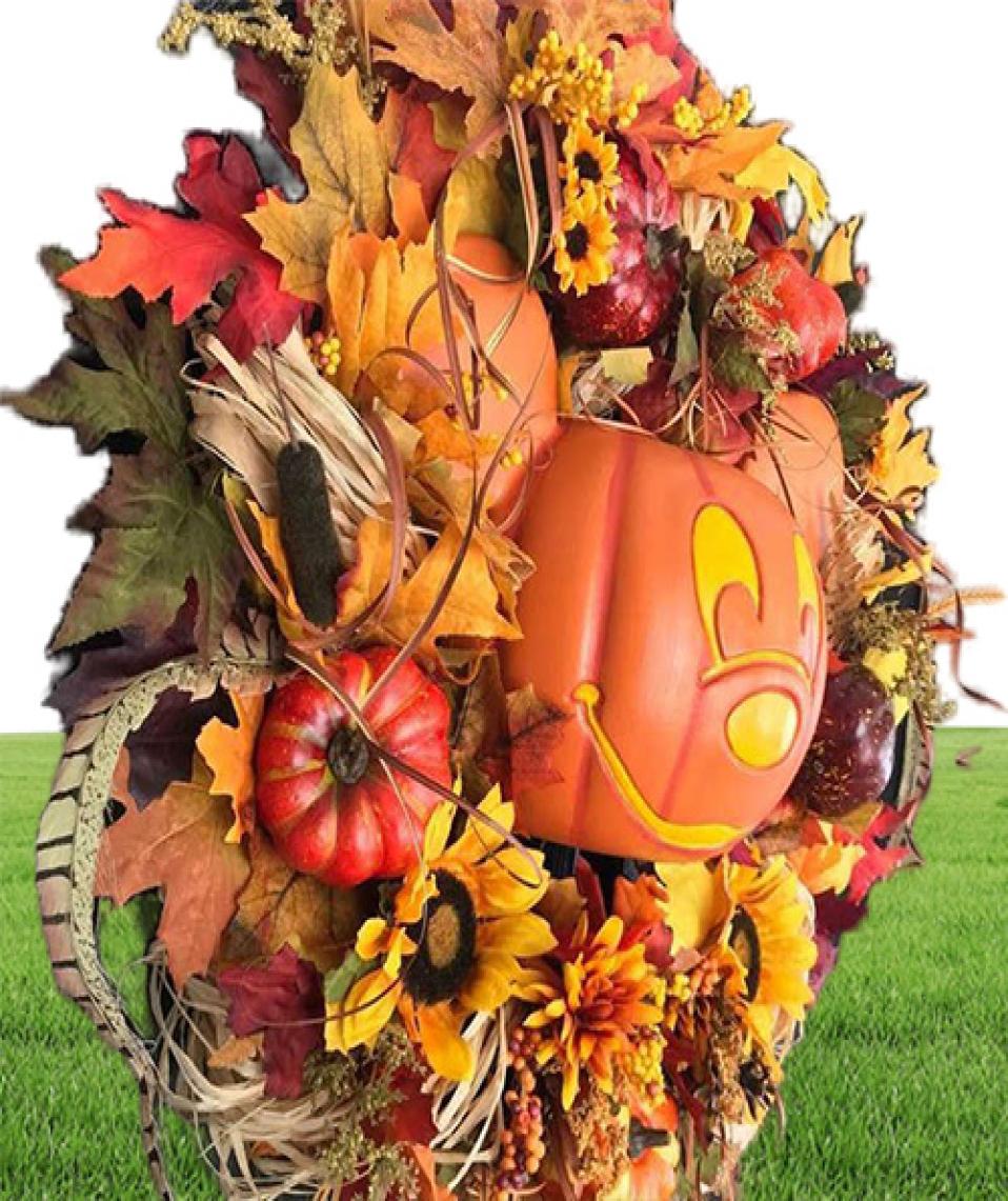 Halloween Decoration Fall Pumpkin Wreath for Front Door with Pumpkins Artificial Maples Autumns Harvest Holiday Decor Y09016730138