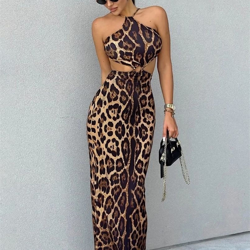 Dulzura Leopard Sleeveless Halter Hollow Out Backless Midi Dress With Button WomenS Sexy Outfit Party Clubwear Autumn Winter 250218