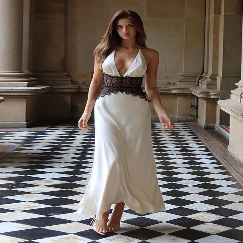 Fashion suspender neck lace patchwork dress with lace V-neck backless pleated ultra-thin fish tail dress beach womens dress 250427