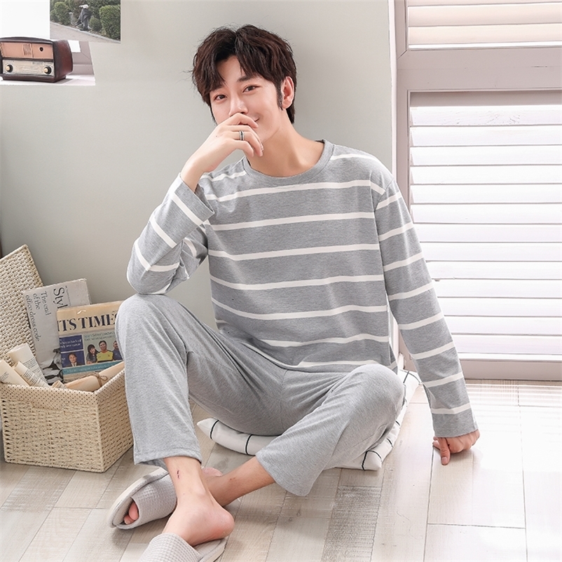 Men's Sleepwear Pajamas Sets Male Striped Full Pure Cotton Carton Fashion Men Long Sleeve Sleepwear Suit 2 Pieces Casual Spring Home Lounge Gift 