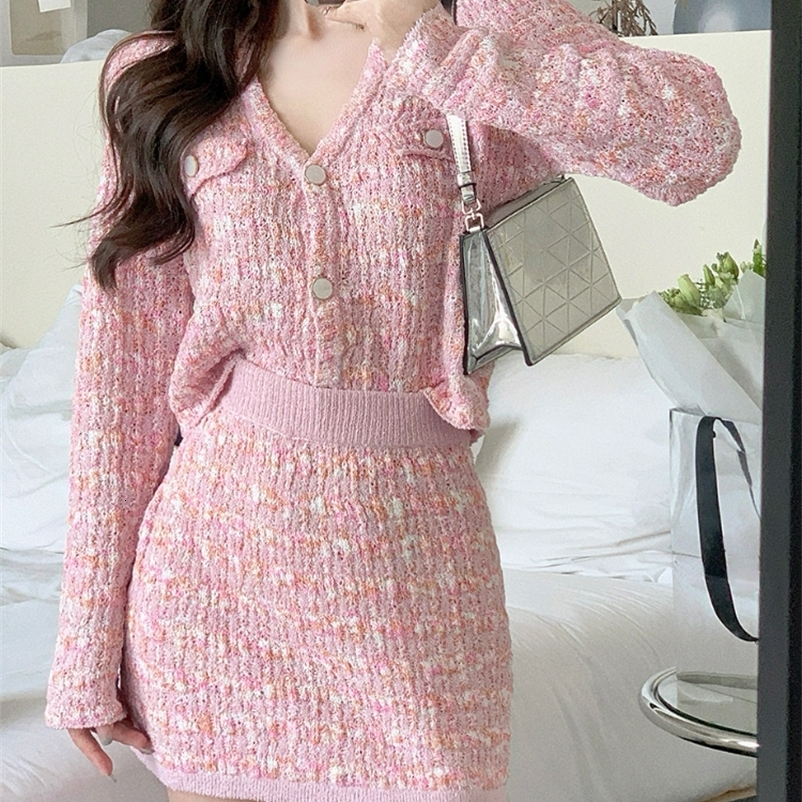 Two Piece Dress Two Piece Dress Set Sweet Cardigan Sweater Slim Skirt Pink Elegant Y2k Mini Dress Autumn Office Lady Casual Knitted Suits 230720