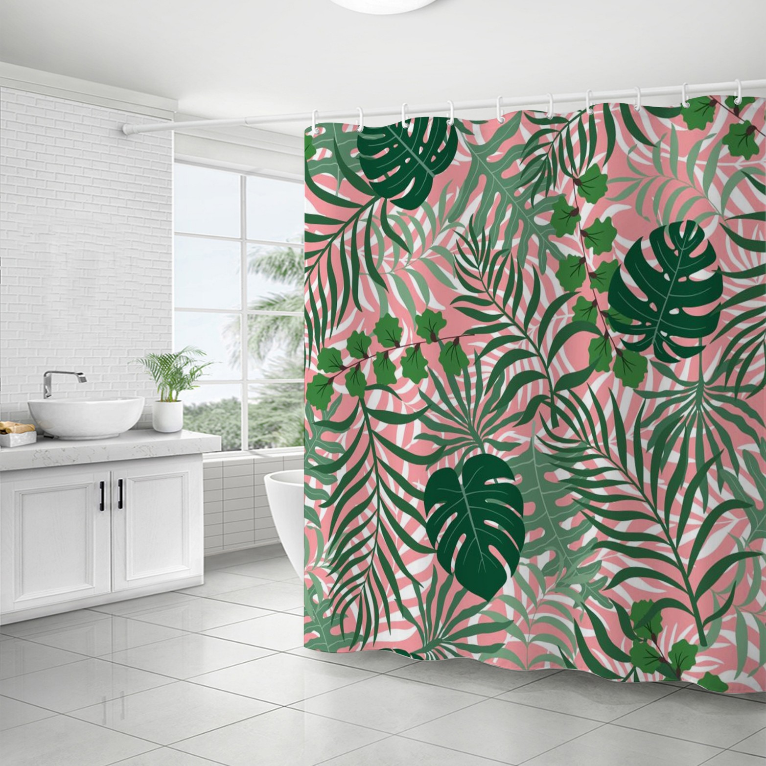YL-37267 Waterproof Shower Curtain Hot Sale 3D Printed Tropical Jungle Plant Leaves and Flowers Season Polyester Shower Curtain with Hook