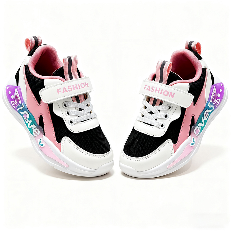Casual Shoes Girls' Fashion Athletic Sneakers - Breathable Mesh with Velcro Strap, Colorful Butterfly Accent Kids Sports Shoes