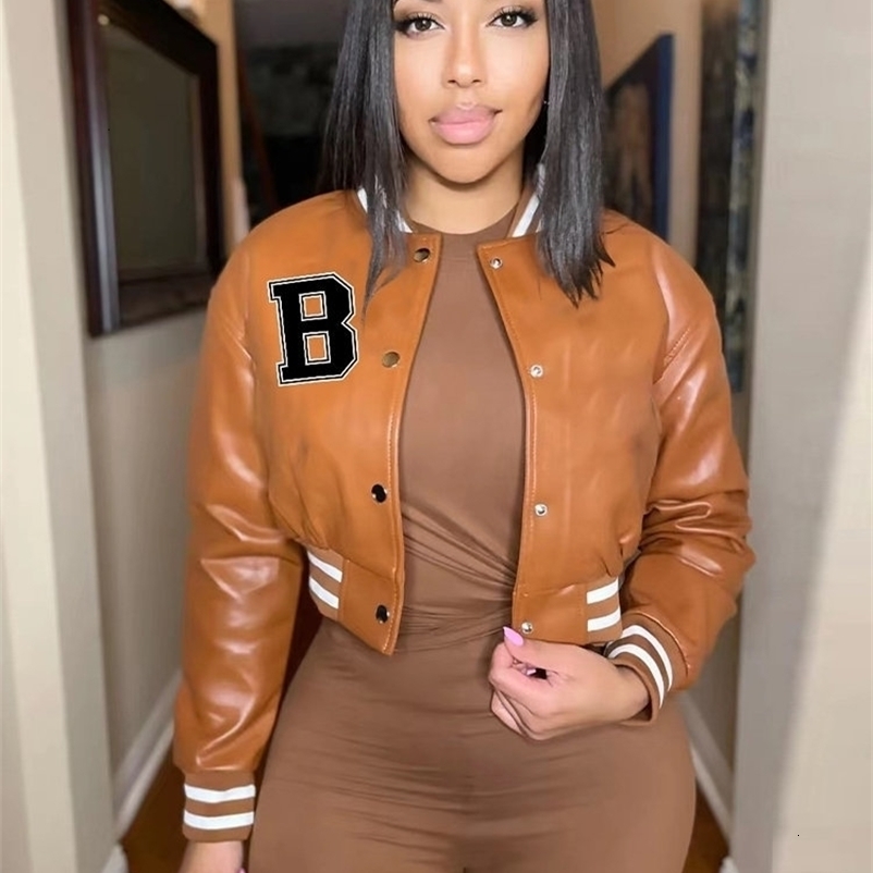 Women's Jackets Women Letter B Single Breasted PU Faux Leather Short Coat Lady Full Sleeve Jackets Female O-Neck Button Down Slim Fit Streetwear 