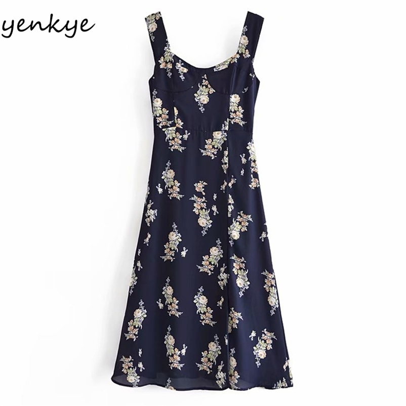 YENKYE Summer Women Vintage Floral Print Sexy Slits Dress Female V Neck A-line Midi Tank Chiffon Dress Prairie Chic Holiday Robe 210515