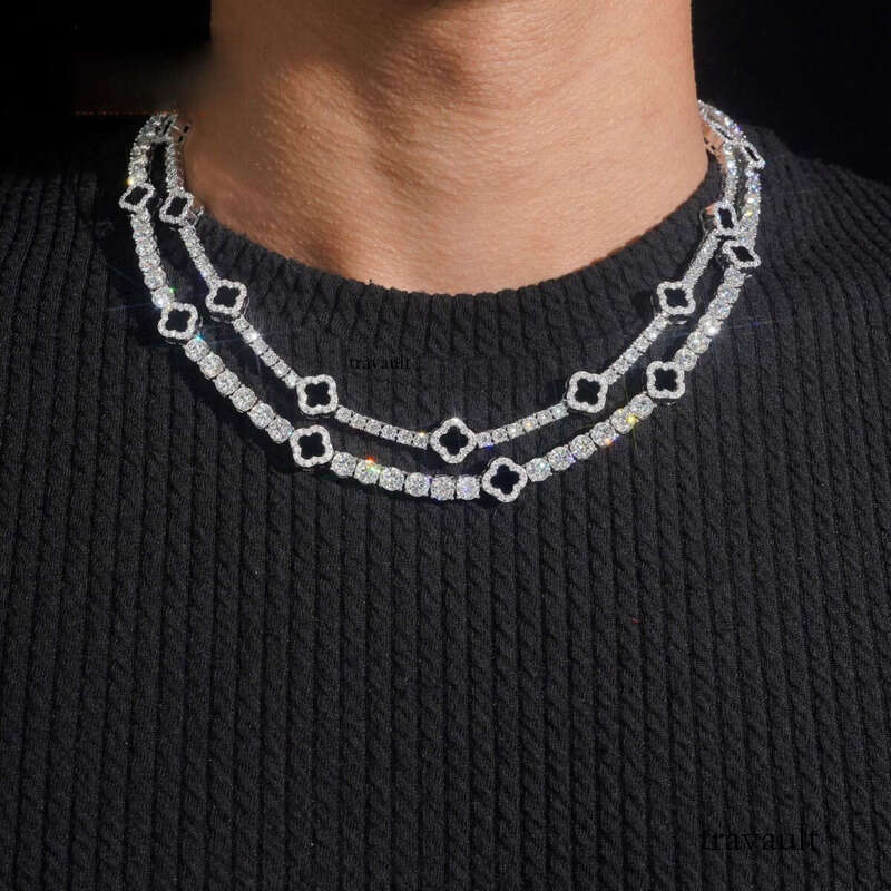 Ready Stocks 3mm 5mm Black Agate Clover Necklace Bracelet Tennis Chain Moissanite Solid Sier