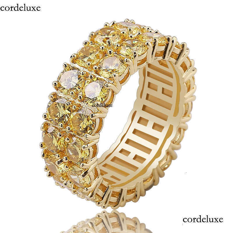 Design Color Mens Ring Micro Pave 2 Row Chain Big 3A Gold Zircon Shiny Hip Hop Finger Rings For Men Women Jewelry 74