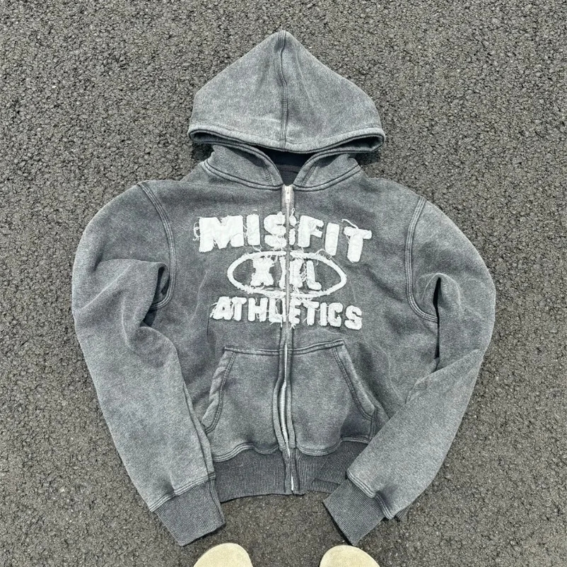 Y2K fashion letter patch open zipper sweater mens Gothic Harajuku retro hip-hop casual sports sweater 250225