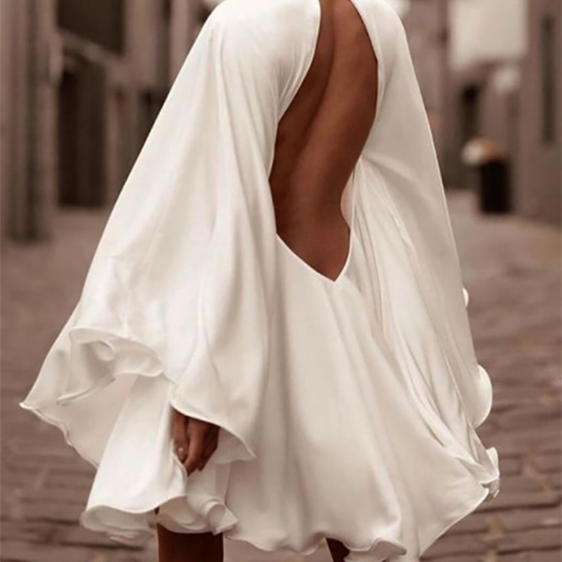 Casual Dresses Celmia Women Evening Fashion Sexy Backless Satin Party Flare Sleeve Stand Collar Short Robes Chic Vestidos 230217