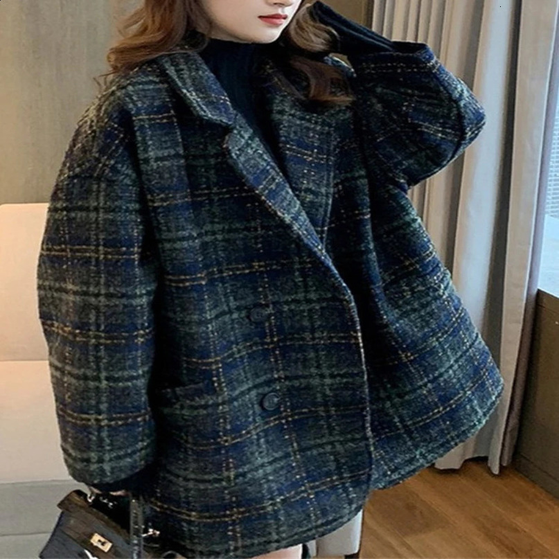 Womens jacket wool winter Korean retro plaid loose top coarse tweed double breasted lapel womens 240826