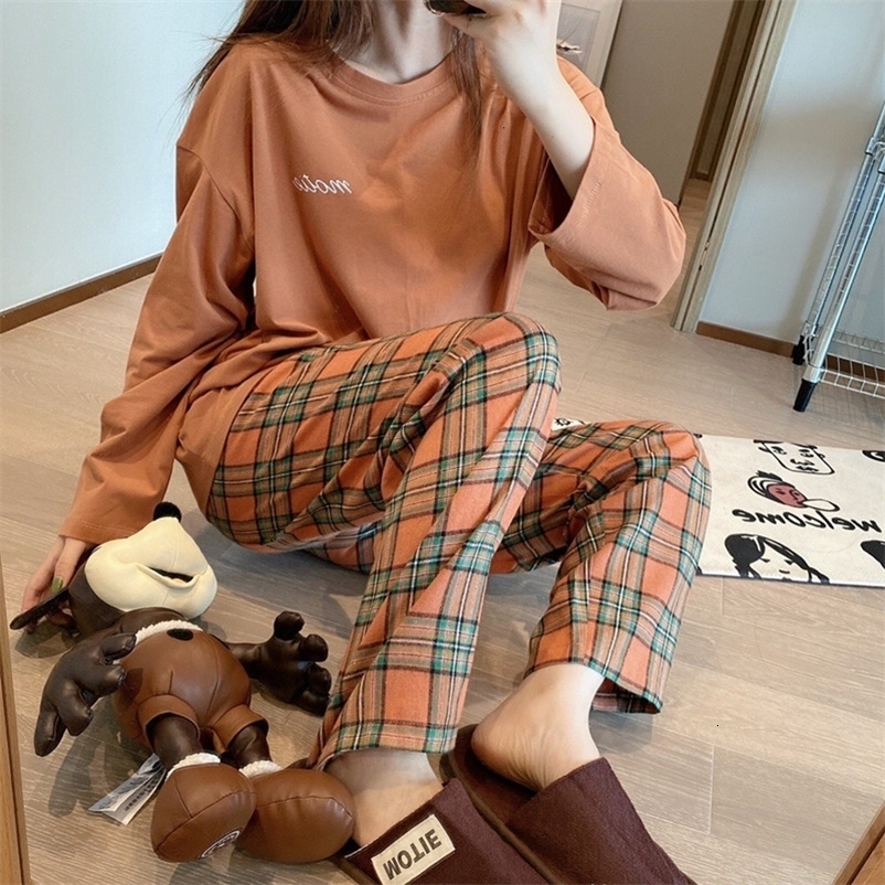 Women's Sleepwear Korean Purple Grid Girls Pajamas Set Cute Autumn Winter Long Sleeve Leisure Sleepwear For Women Loose Nightwear Homewear Suit 2