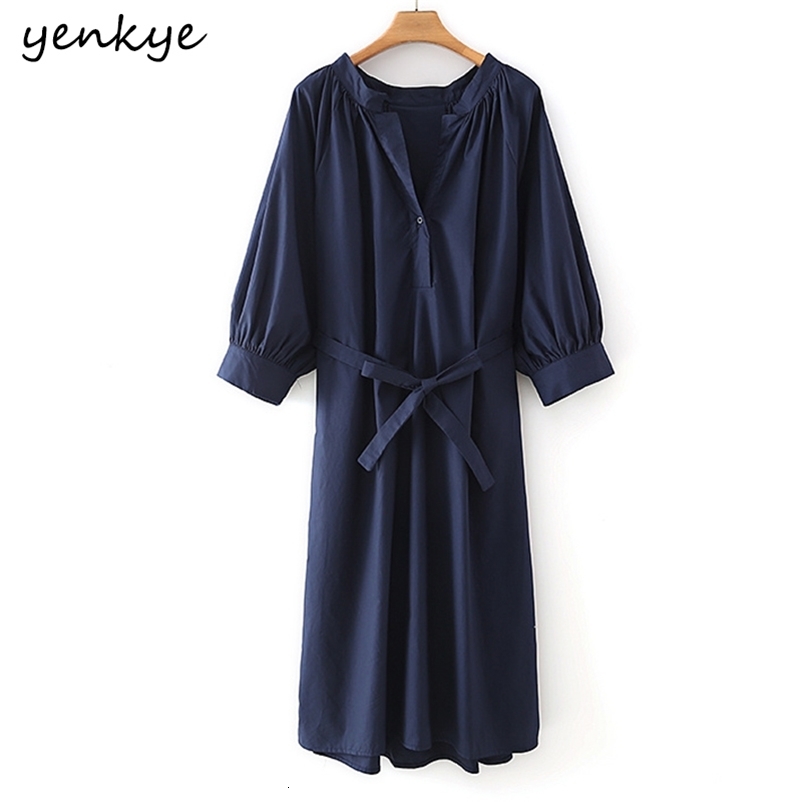 YENKYE Fashion Women Spring Vintage Solid Color Dress Female Long Sleeve V Neck Sashes Midi Casual Loose Dress Plus Size 210515