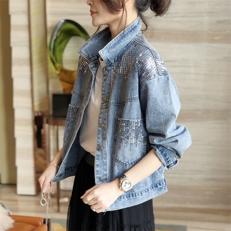 Women's Jackets Blue Short Sequin Pocket Denim Jacket Women's Casual Denim Spring Autumn Loose Fashion Jeans Jacket Women Long Sleeve Coat 2