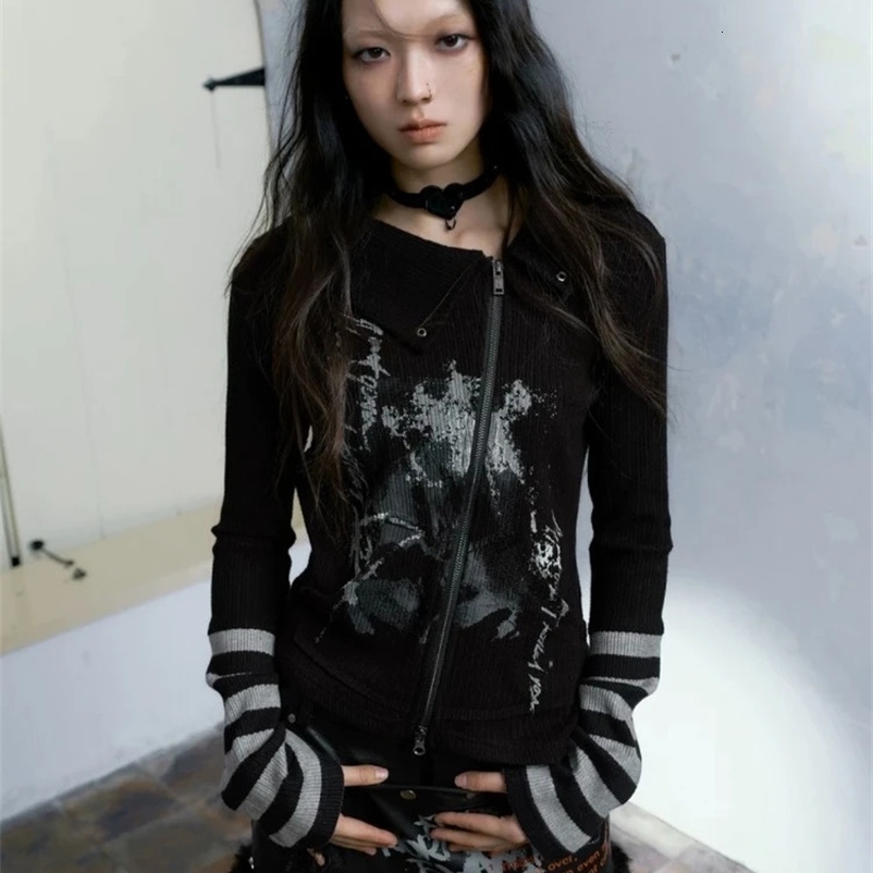 HOUZHOU Gothic Retro Punk Hoodie Womens Retro Grunge Y2k Graphic Stripe Splicing Work Zipper Triptop Spring Fashion 241231