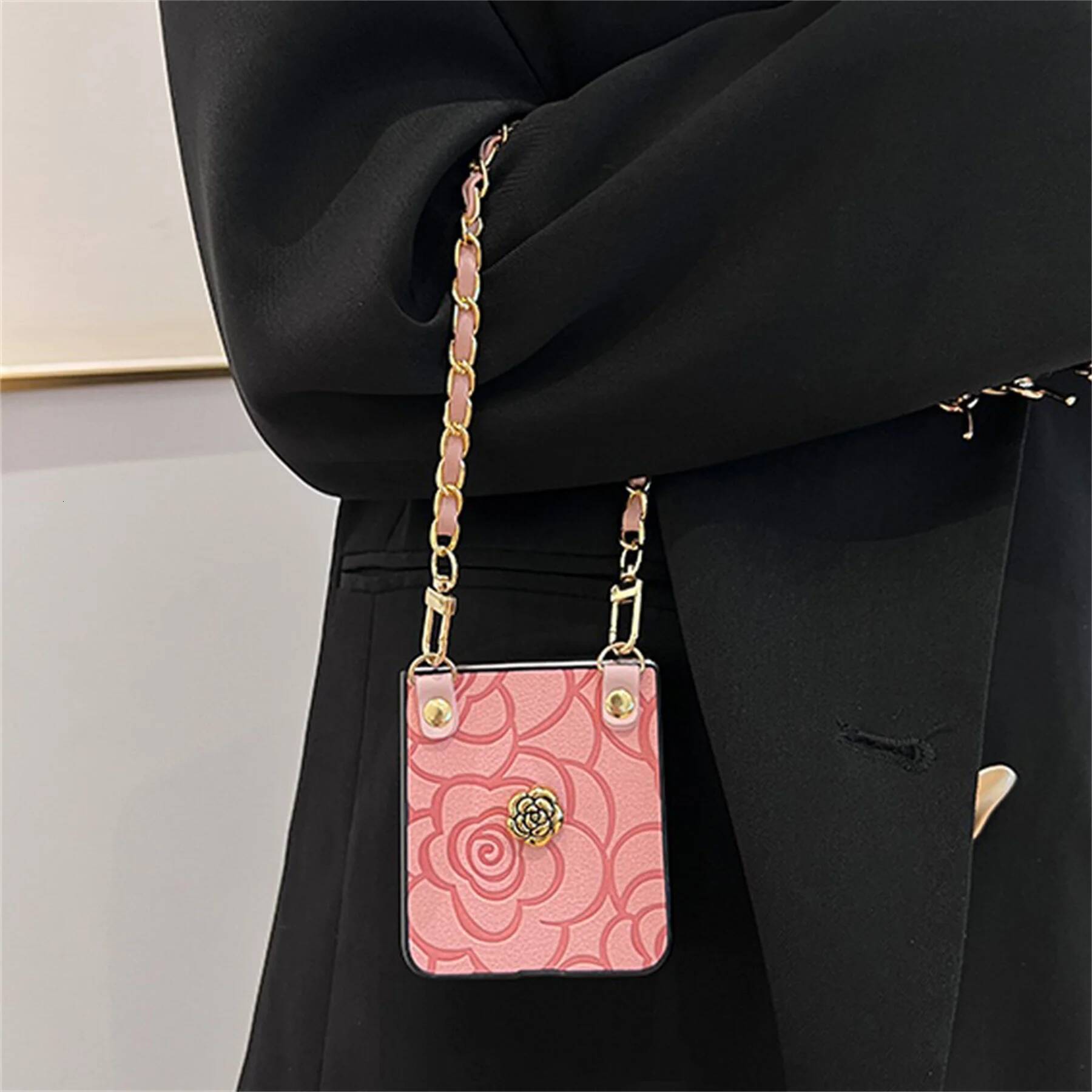 Fashion Korean ins Candy Color Camellia Leather Phone Case with Hand Chain for Flip4 Flip7 5 Z Flip 6 CoverAAA