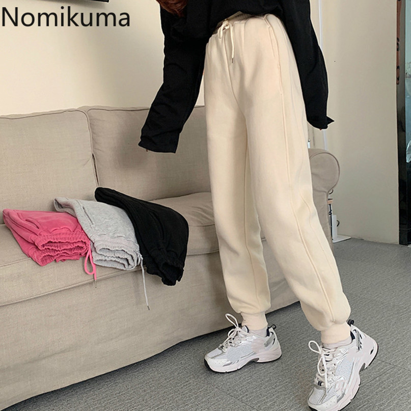 Nomikuma Autumn Winter Fleece Thick Sweatpants Lace Up Stretch High Waist Long Trousers Causal Solid Women Harem Pant 6D294 210427