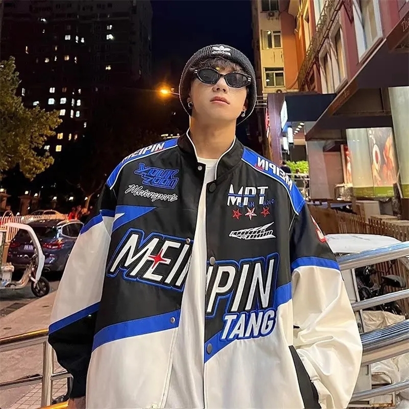 American Street Motorcycle Baseball Jacket Mens Y2K Hiphop Loose Fitting Vintage Racing Suit Vintage Embroidered Pilot Jacket 240911