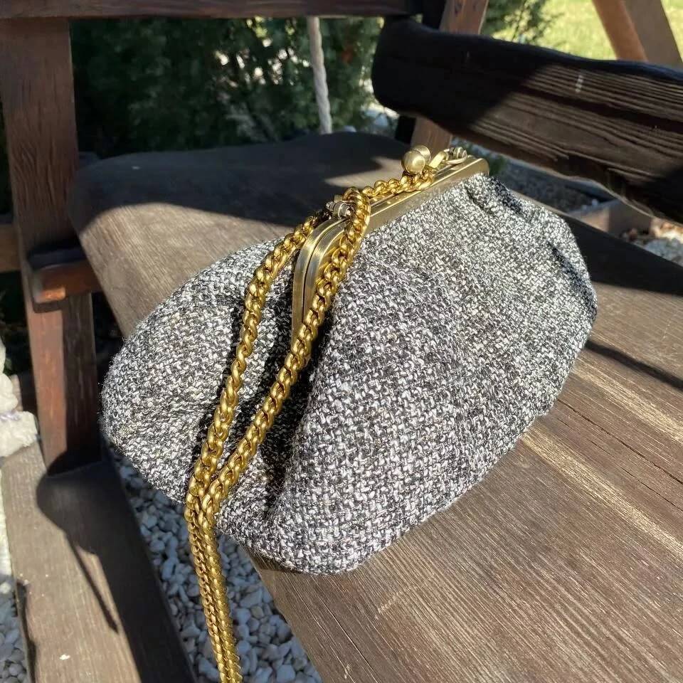 Lost in Vintage Grace Tweed Kisslock Hand Bag Shoulder Bags Frame Clutch Detachable Chain 32x17 x5cm