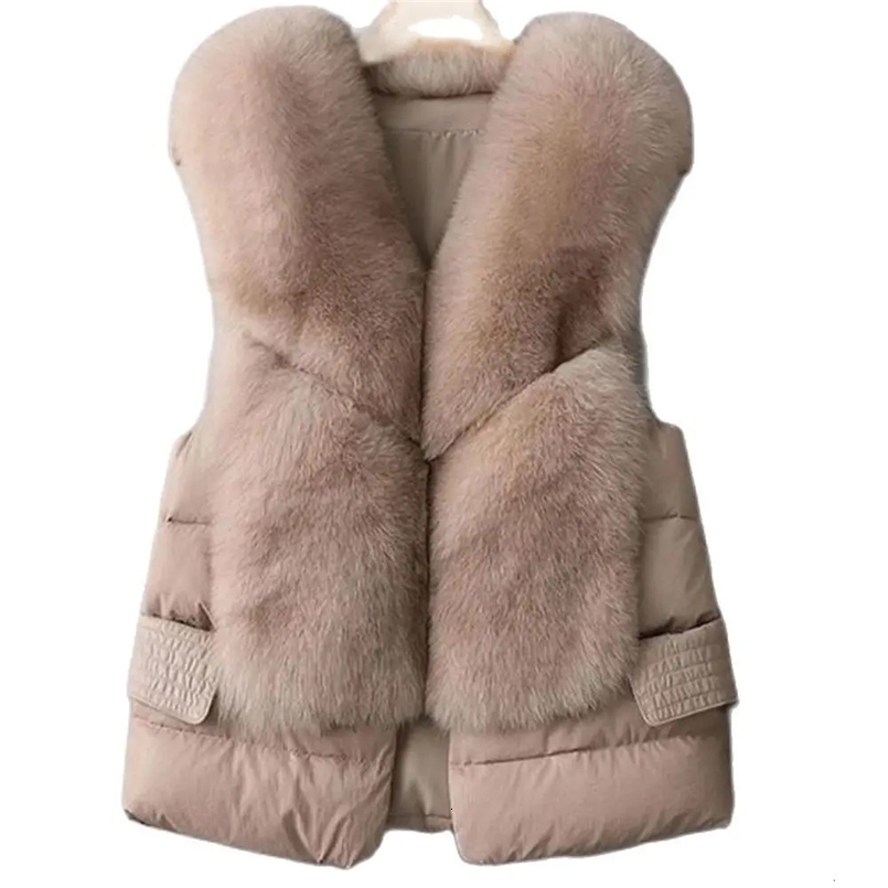 Womens Sleeveless Jacket Artificial Fur Coat Winter Korean Fashion Female Waistcoat Outerwear Warm White Duck Down Vests Gilet 241205