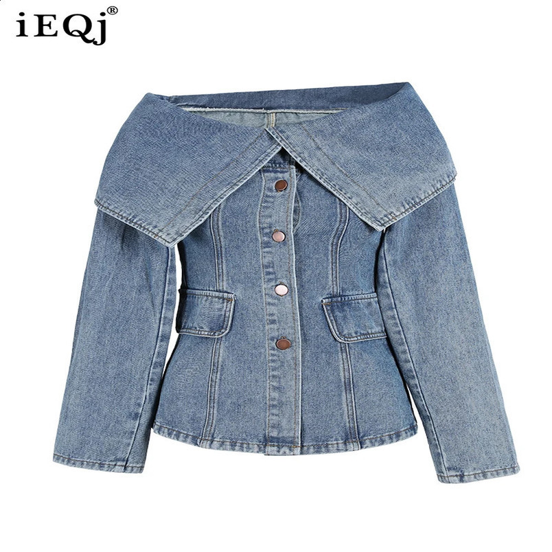 IEQJ sloping neck shoulder patch work denim jacket womens long sleeved single chest Vasilit blue jacket autumn 29L253 240906