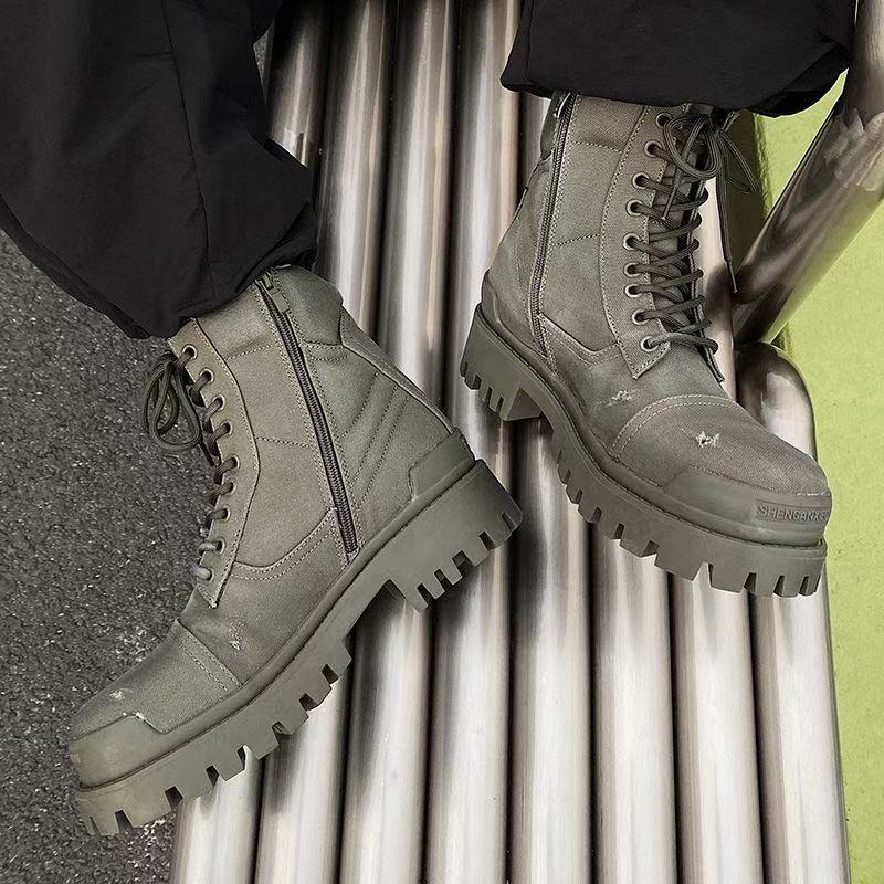 designer Boots in green cotton canvas couple martin boots high quality Combat Strike 20mm cotton canvas upper classic round toe boots autumn winter br