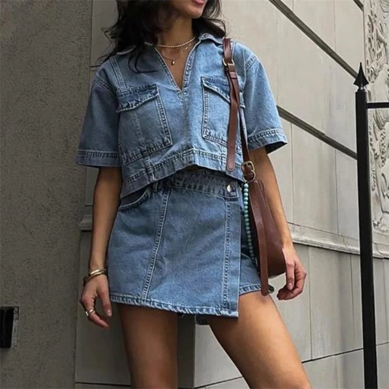 Hirigin fashion womens denim 2-piece set V-neck short sleeved jeans top irregular hem mini tight shorts set Y2K streetwear 250422