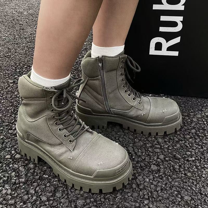 designer Boots in green cotton canvas couple martin boots high quality Combat Strike 20mm cotton canvas upper classic round toe boots autumn winter br