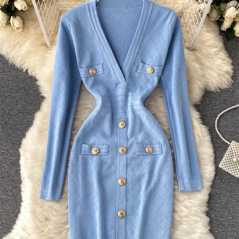 Women Knitted Pencil Dress Korean Long Sleeve V Neck Elastic Slim Dress Autumn Winter Sexy Bodycon Warm Sweater Dress 240126