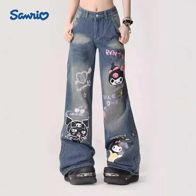 Sanrio Kuromi Printed Micro Flared Jeans Korean Streetwear Loose Straight Trousers Y2k Female Fashion High Waist Wide Leg Pants L250925