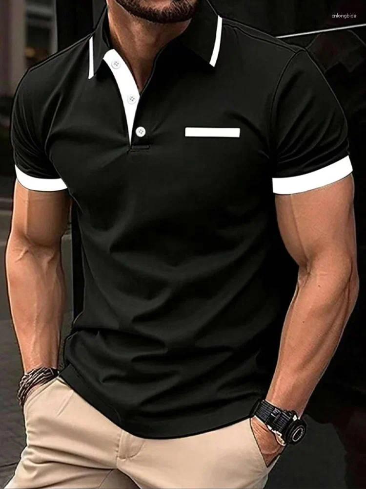 Men's Polos Polo Shirt Fashion Business Casual Crew Neck Short Sleeve Formal Stripes Patchwork Summer Black T Clothing