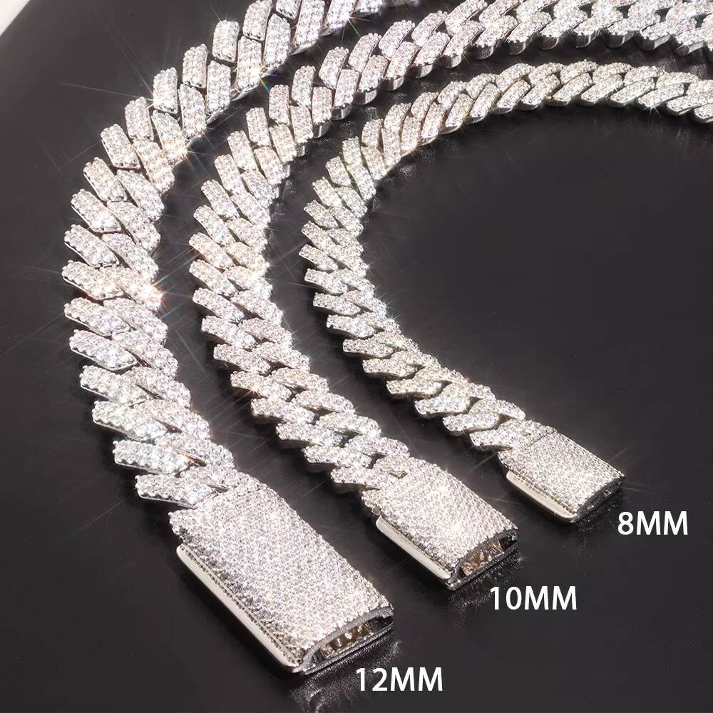 Hip Hop Jewelry Moissanite Necklace 8MM 10MM 12MM Wide Double Row S925 Silver VVS Grade Moissanite Iced Out Cuban Link Necklace