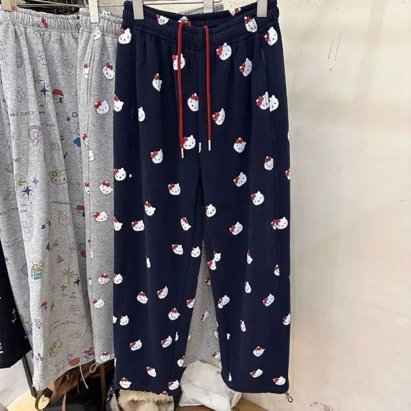 Sanrio Kawaii Hello Kitty Women Velvet Thickened Casual Sweatpants Cute Hip Hop Straight Pants Wide Winter Leg Pants Girls Gift L250925