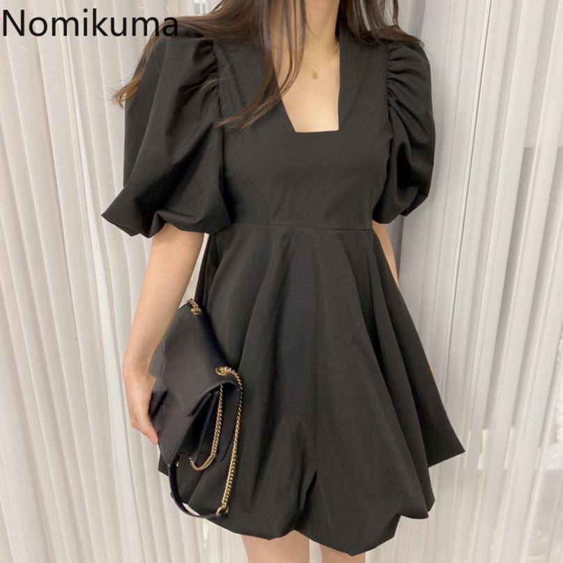 Nomikuma Woman Dress Korean Puff Short Sleeve Square Colalr Dresses Spring Summer Slim Waist A-line Vestidos Mujer 6F710 210427