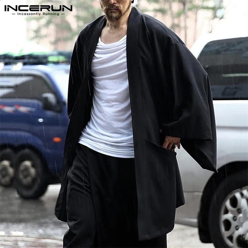 INCERUN Fashion Mens Trench Solid Jacket with Long Sleeves Casual Japanese Kimono Street Clothing Cotton Jacket with Open Skirt 241203