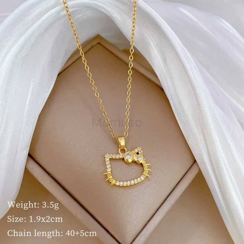 Sanrio Stainless Steel Chain Gold Color Hello Kitty Head with Zircon Pendant Necklaces for Women Girls Cartoon Cute Jewelry Gifts L250925