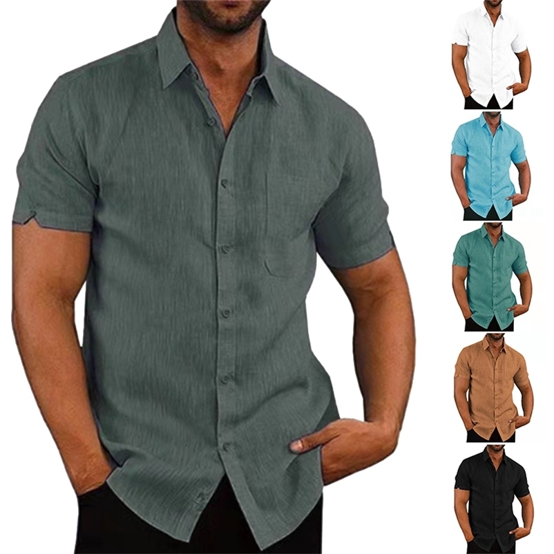 Men's Casual Shirts Men's Linen Short Sleeve Shirt Solid Color Casual Top Shirt Cotton Linen Shirt Tops Size S-3XL 230322